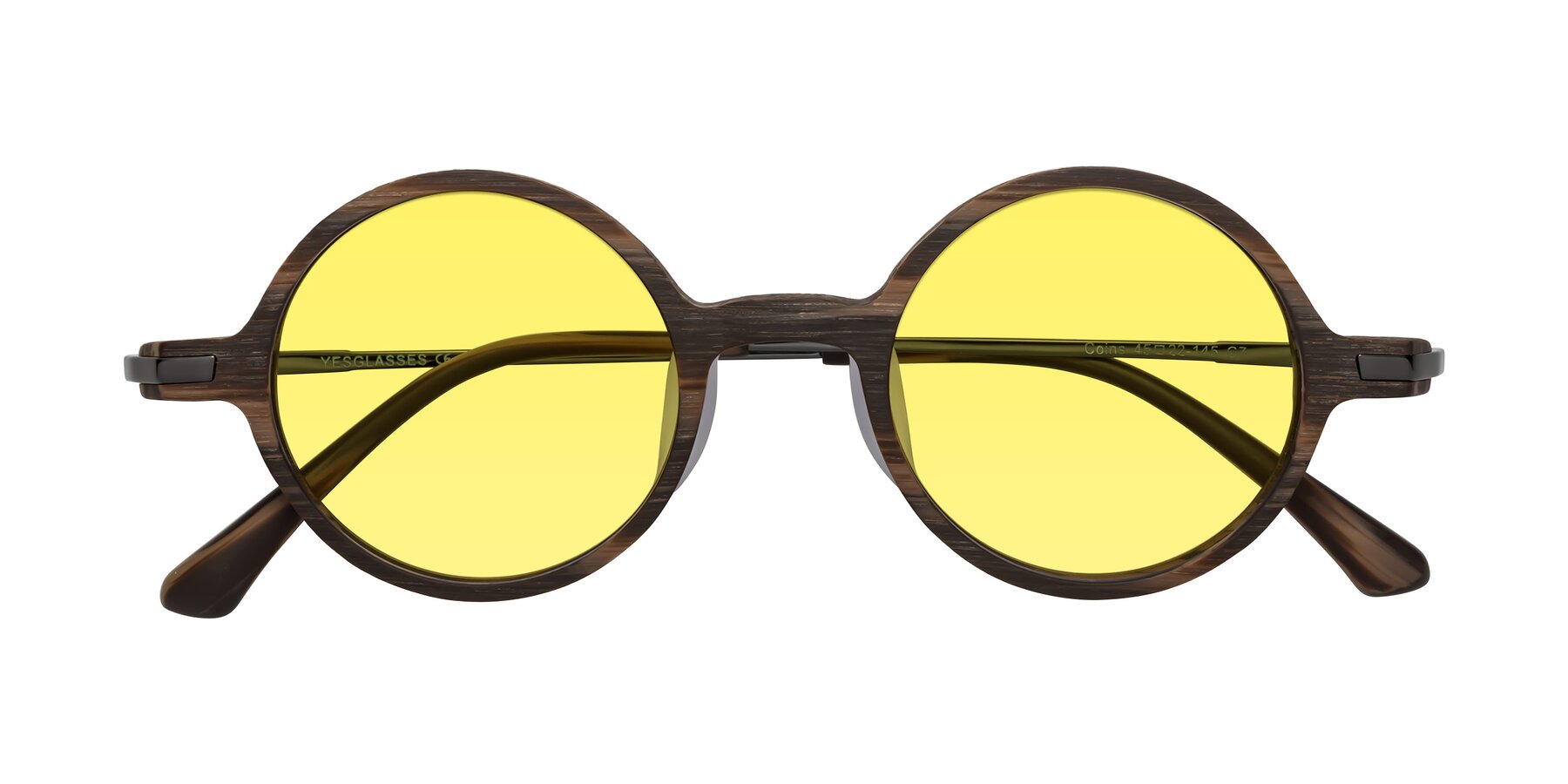 Folded Front of Coins in Brown Woodgrain with Medium Yellow Tinted Lenses