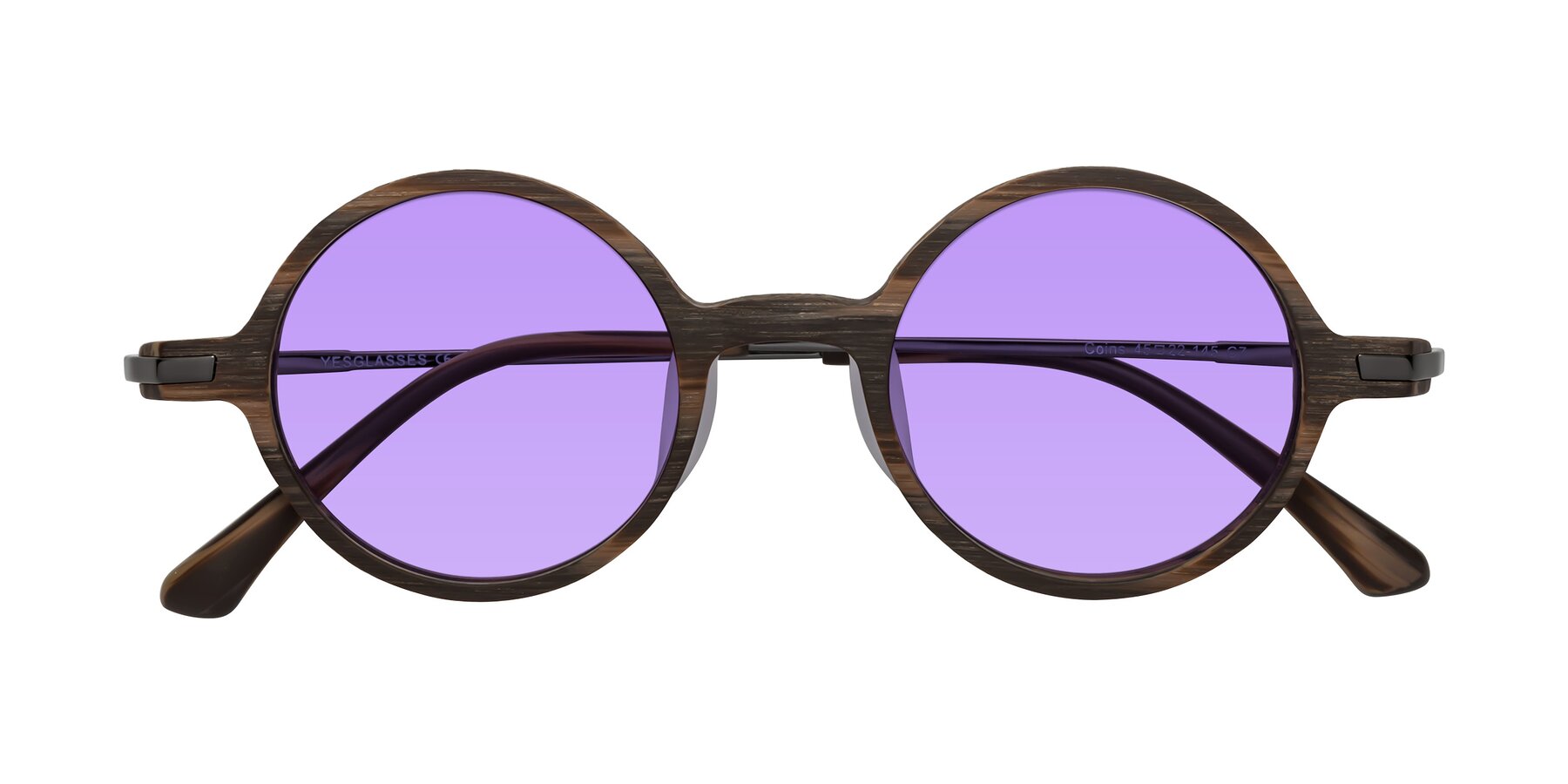 Folded Front of Coins in Brown Woodgrain with Medium Purple Tinted Lenses