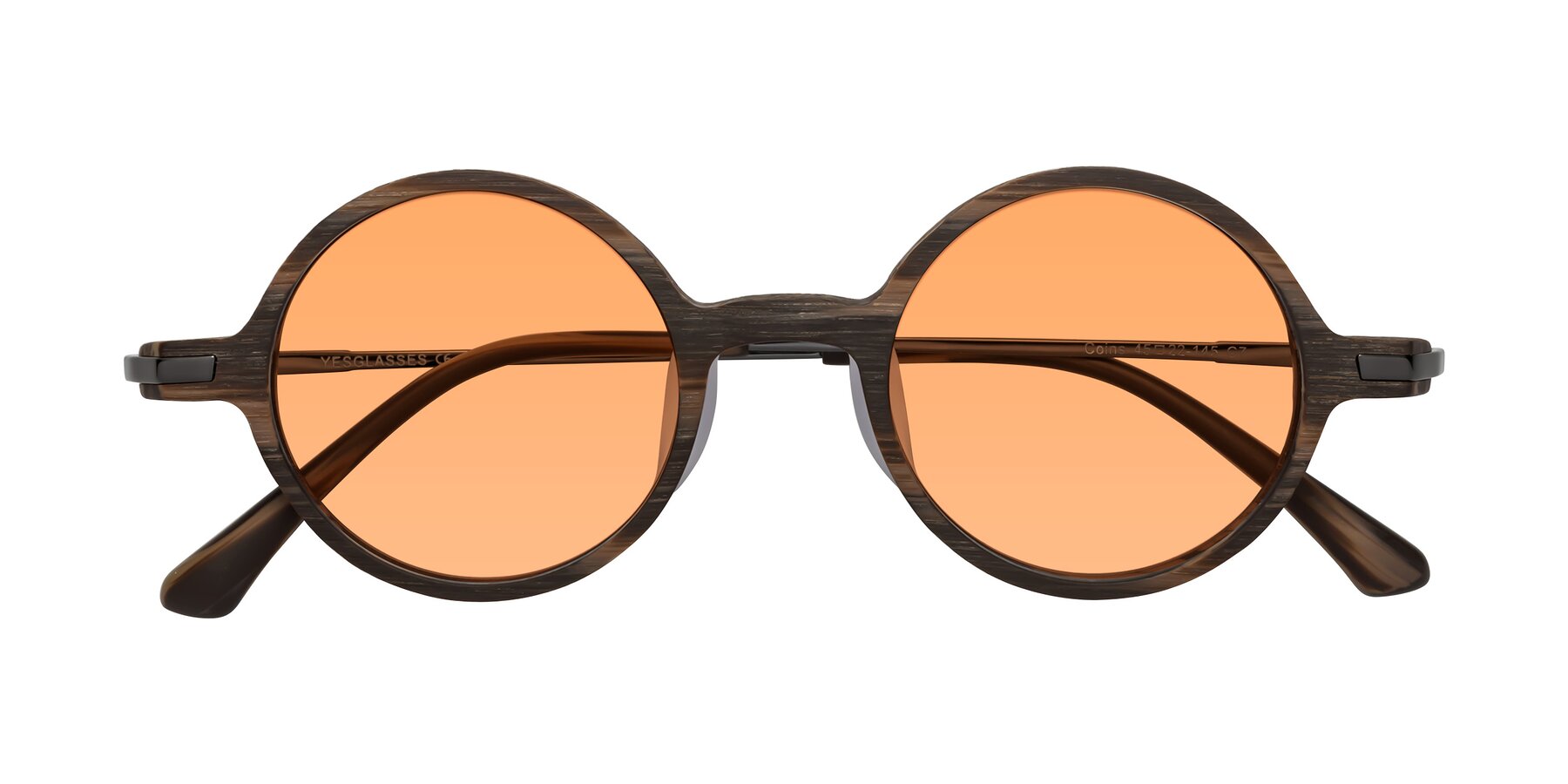 Folded Front of Coins in Brown Woodgrain with Medium Orange Tinted Lenses