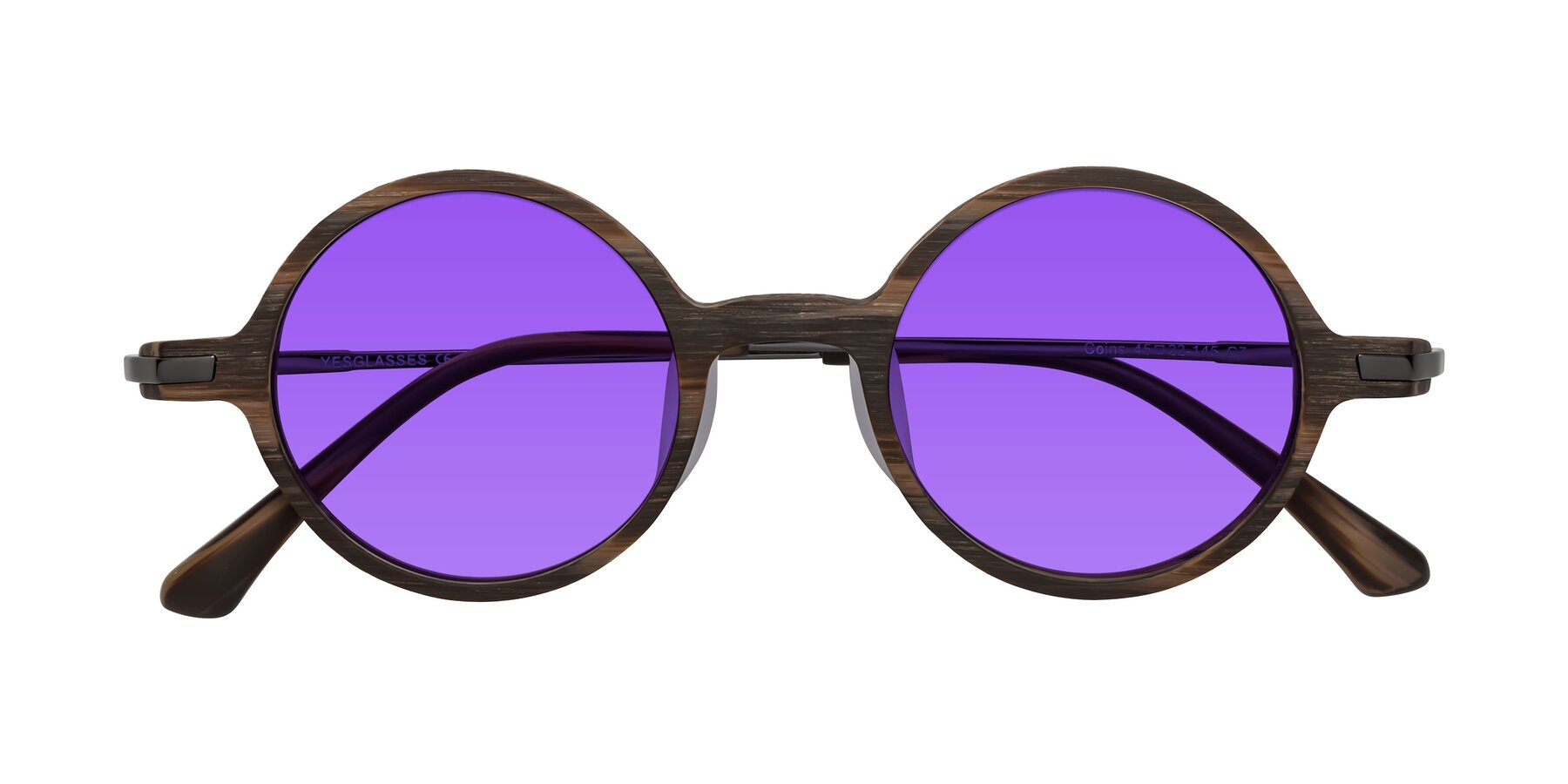 Folded Front of Coins in Brown Woodgrain with Purple Tinted Lenses