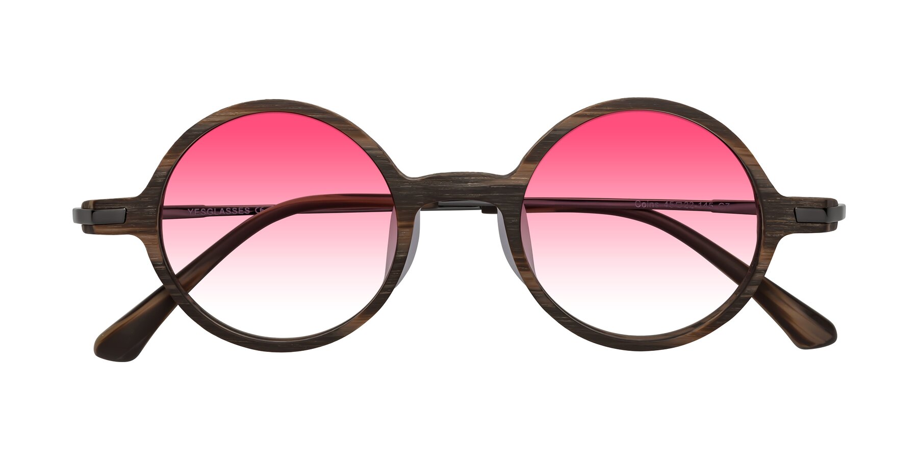 Folded Front of Coins in Brown Woodgrain with Pink Gradient Lenses