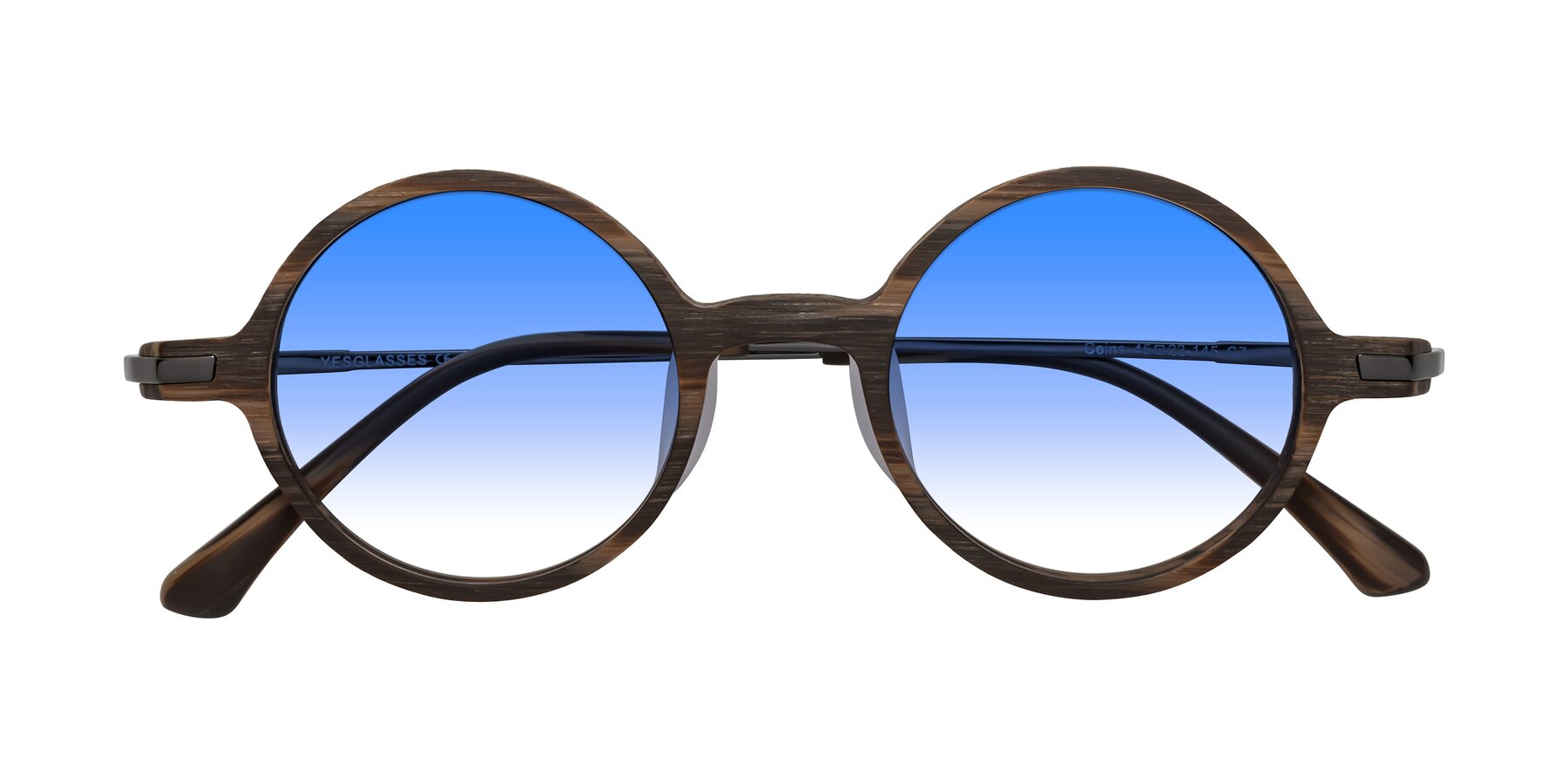 Folded Front of Coins in Brown Woodgrain with Blue Gradient Lenses