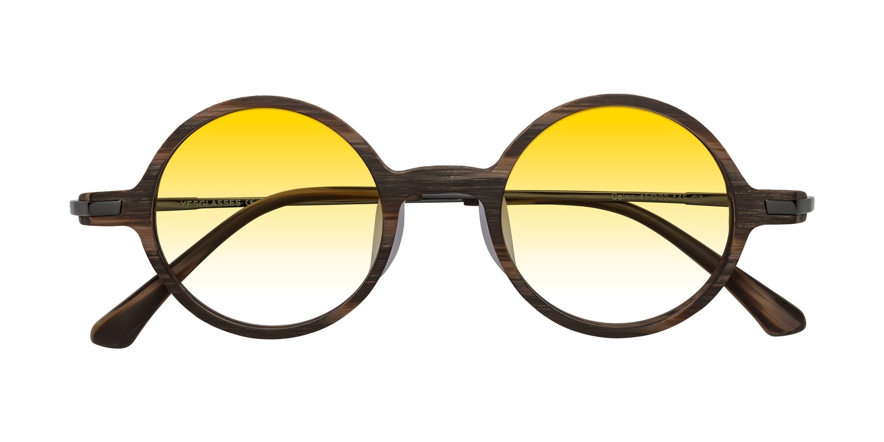 Folded Front of Coins in Brown Woodgrain with Yellow Gradient Lenses