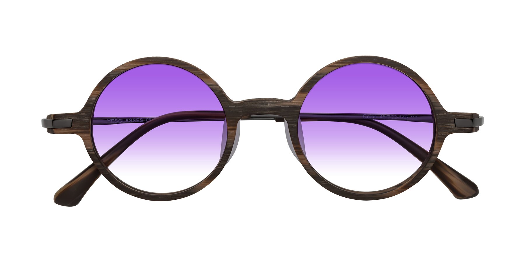 Folded Front of Coins in Brown Woodgrain with Purple Gradient Lenses