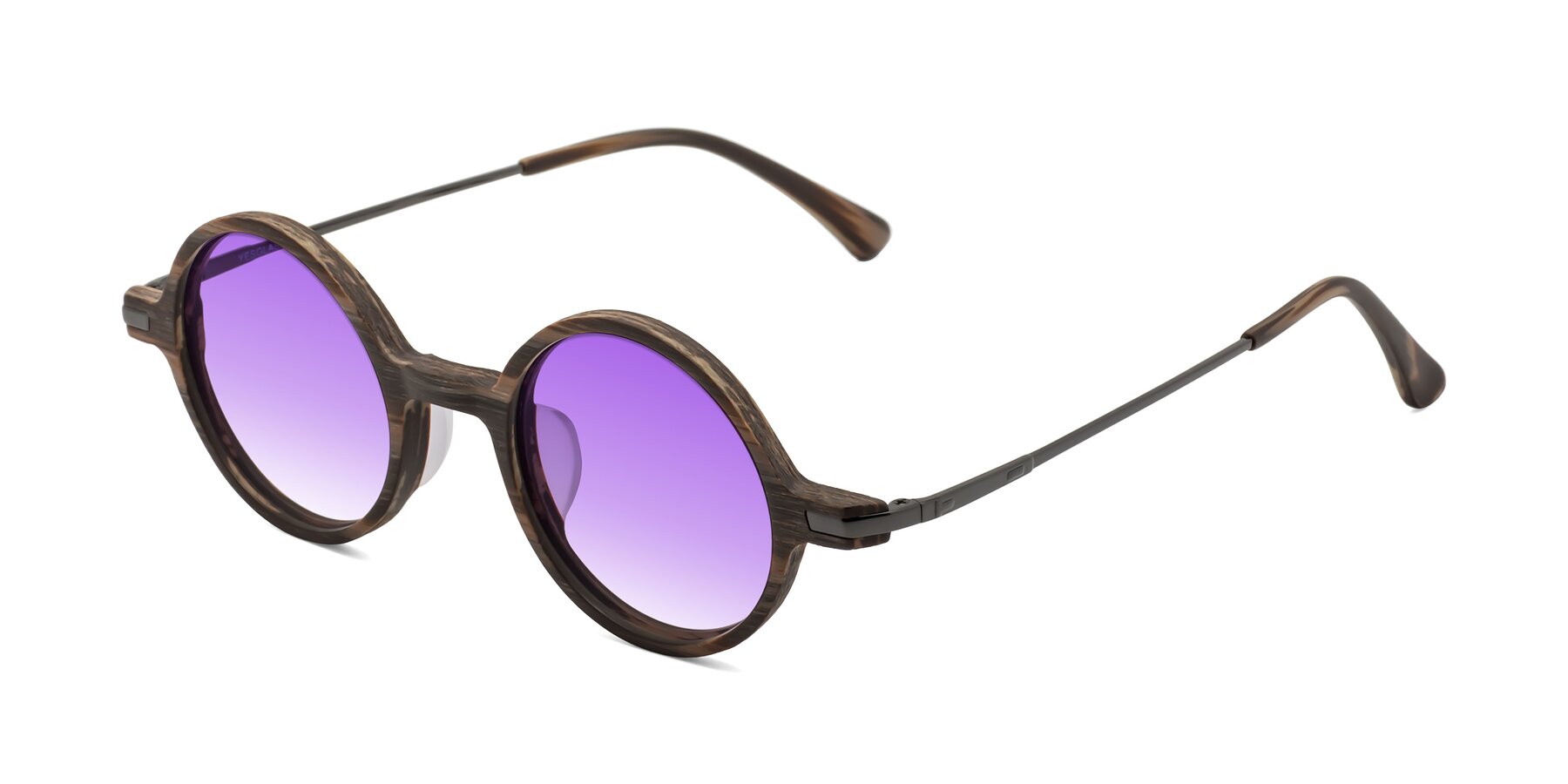 Angle of Coins in Brown Woodgrain with Purple Gradient Lenses