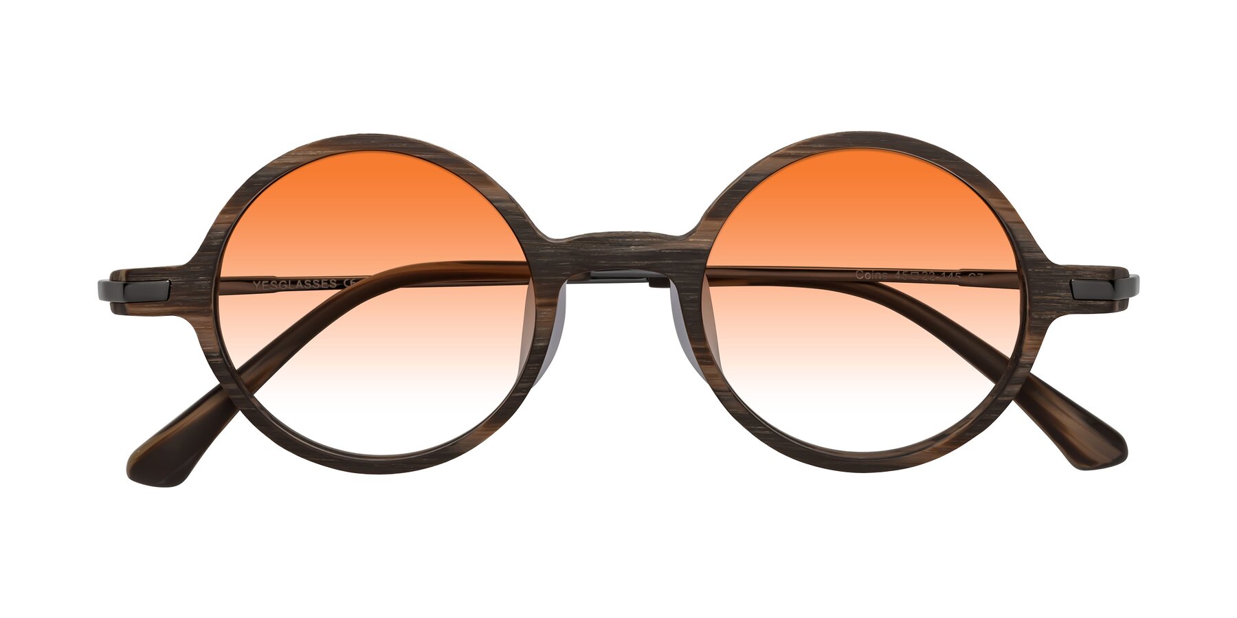 Folded Front of Coins in Brown Woodgrain with Orange Gradient Lenses