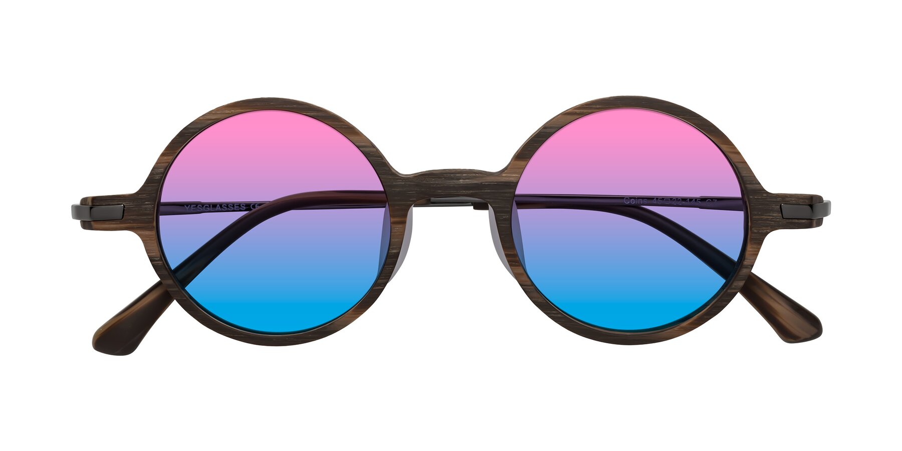 Folded Front of Coins in Brown Woodgrain with Pink / Blue Gradient Lenses