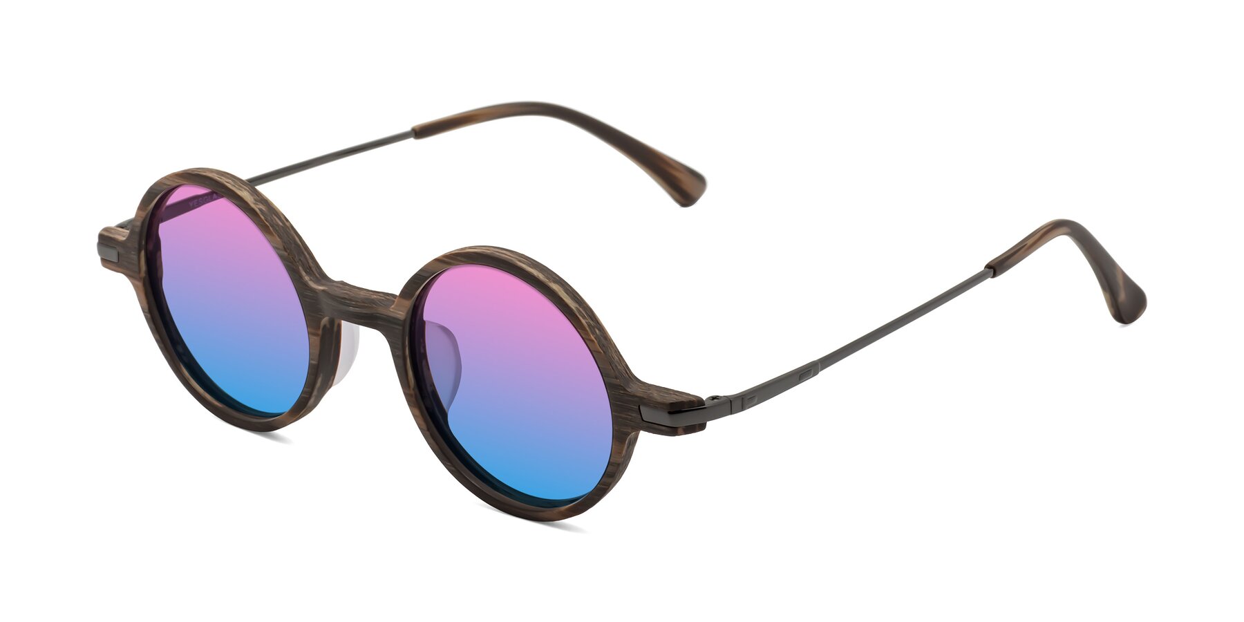 Angle of Coins in Brown Woodgrain with Pink / Blue Gradient Lenses