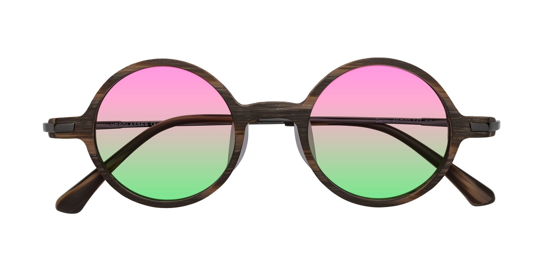 Folded Front of Coins in Brown Woodgrain with Pink / Green Gradient Lenses