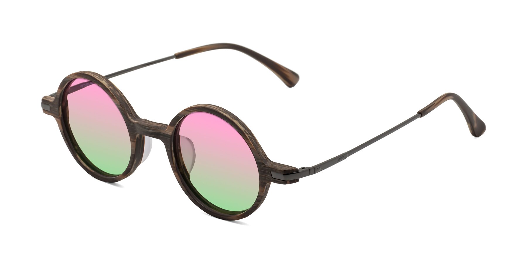 Angle of Coins in Brown Woodgrain with Pink / Green Gradient Lenses