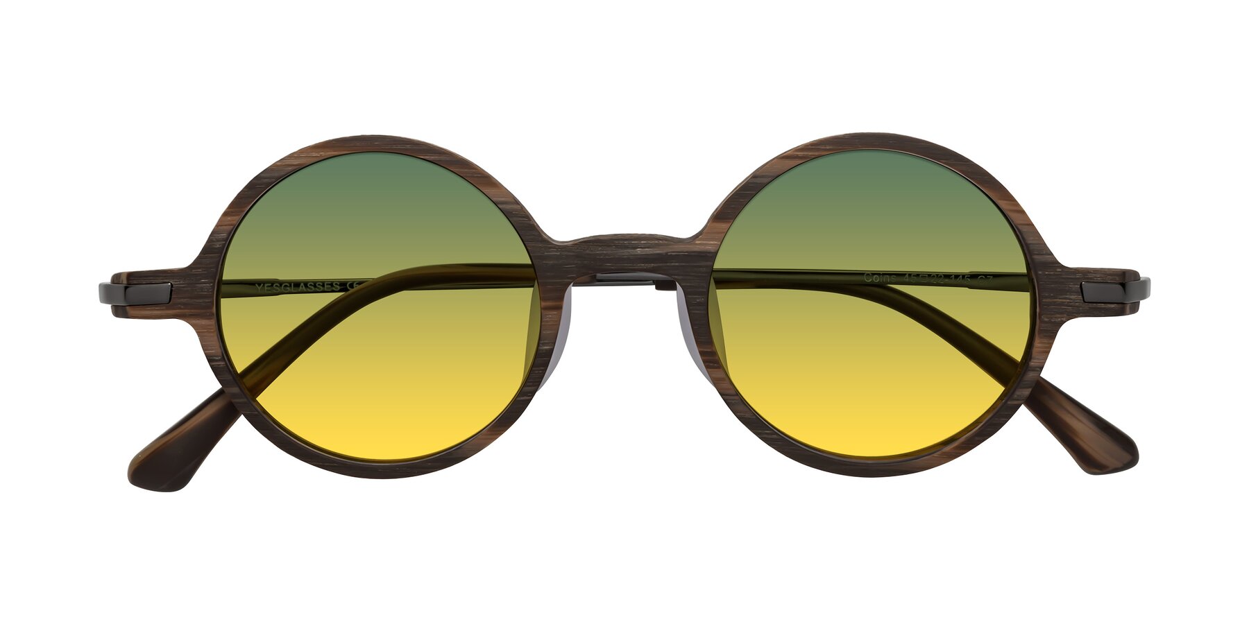 Folded Front of Coins in Brown Woodgrain with Green / Yellow Gradient Lenses