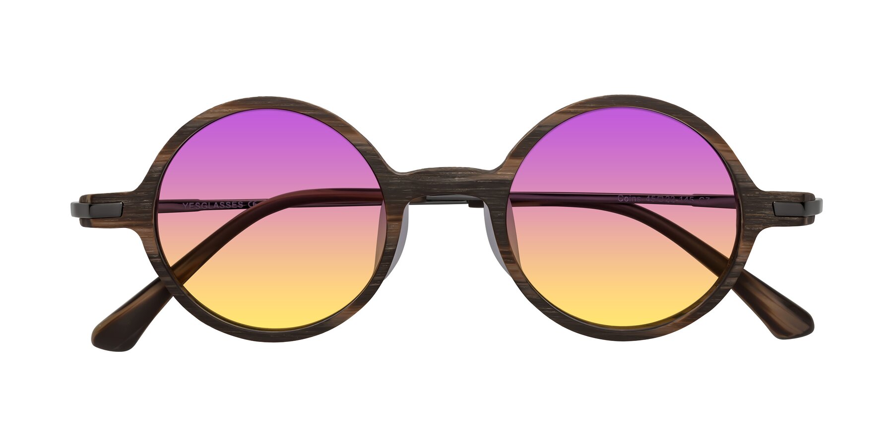 Folded Front of Coins in Brown Woodgrain with Purple / Yellow Gradient Lenses