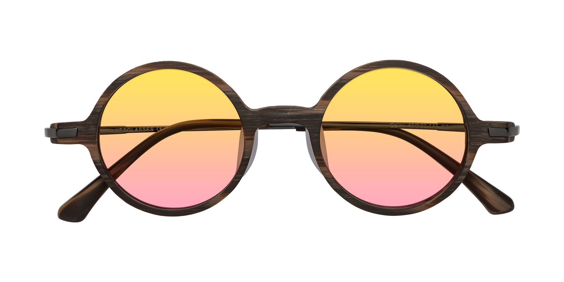 Folded Front of Coins in Brown Woodgrain with Yellow / Pink Gradient Lenses