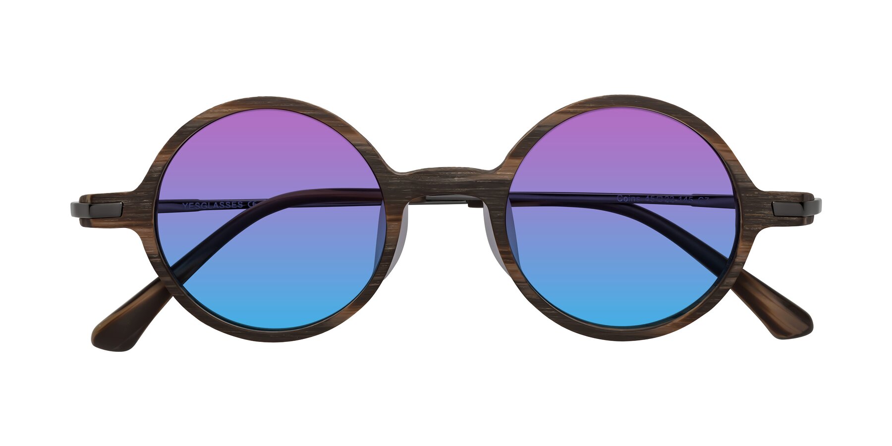 Folded Front of Coins in Brown Woodgrain with Purple / Blue Gradient Lenses