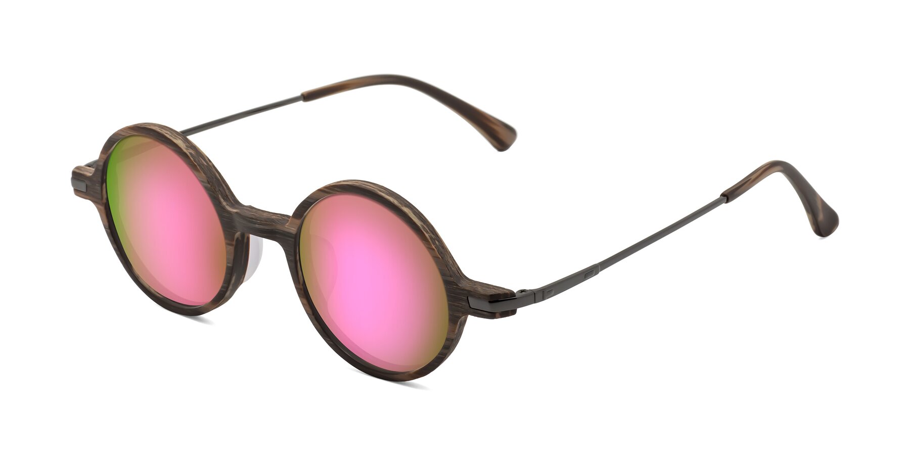 Angle of Coins in Brown Woodgrain with Pink Mirrored Lenses