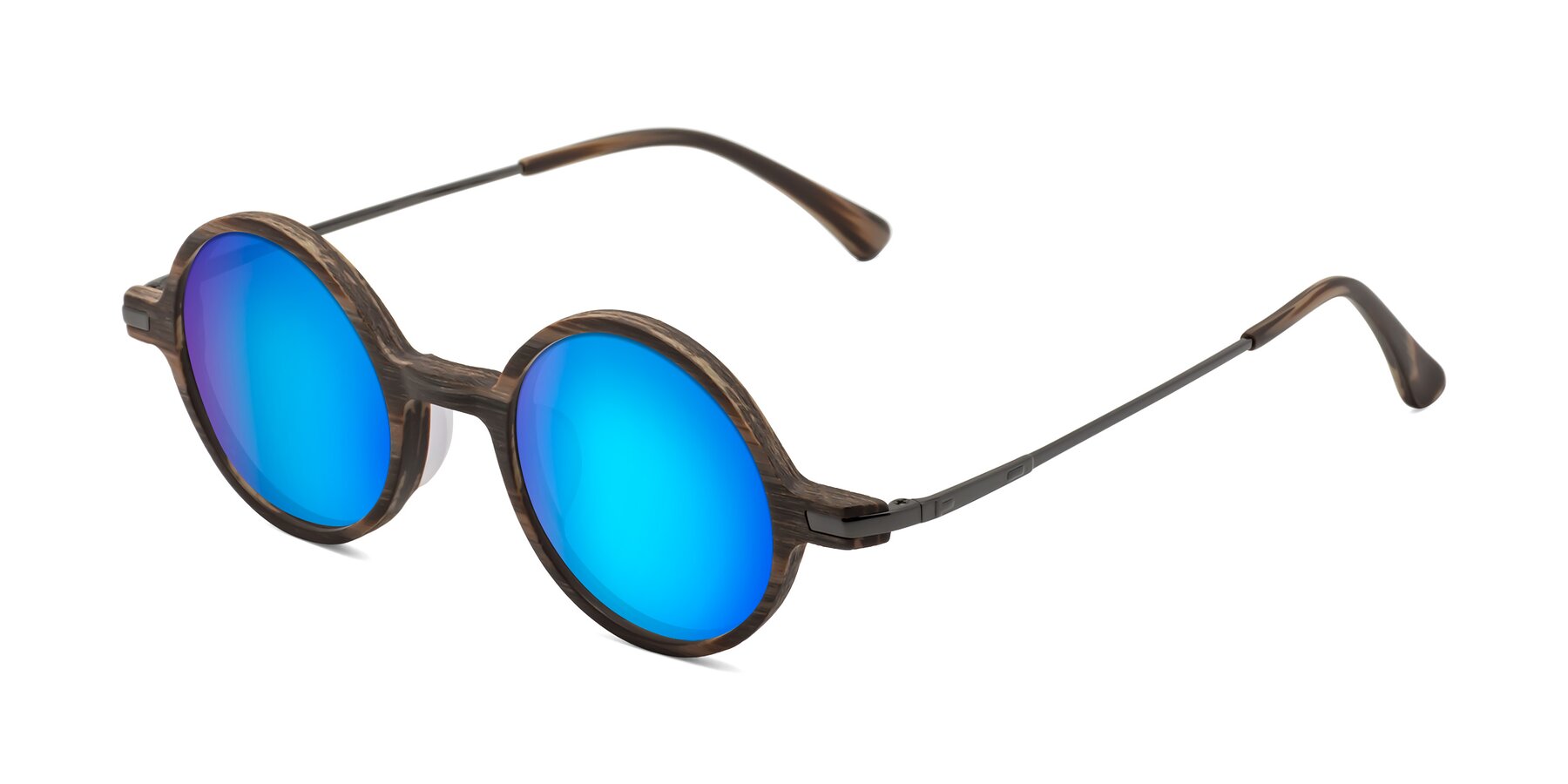 Angle of Coins in Brown Woodgrain with Blue Mirrored Lenses