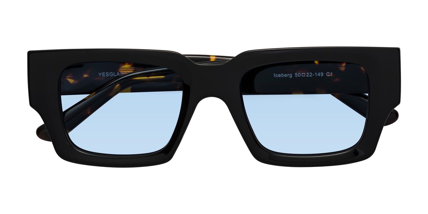 Folded Front of Iceberg in Black-Tortoise with Light Blue Tinted Lenses