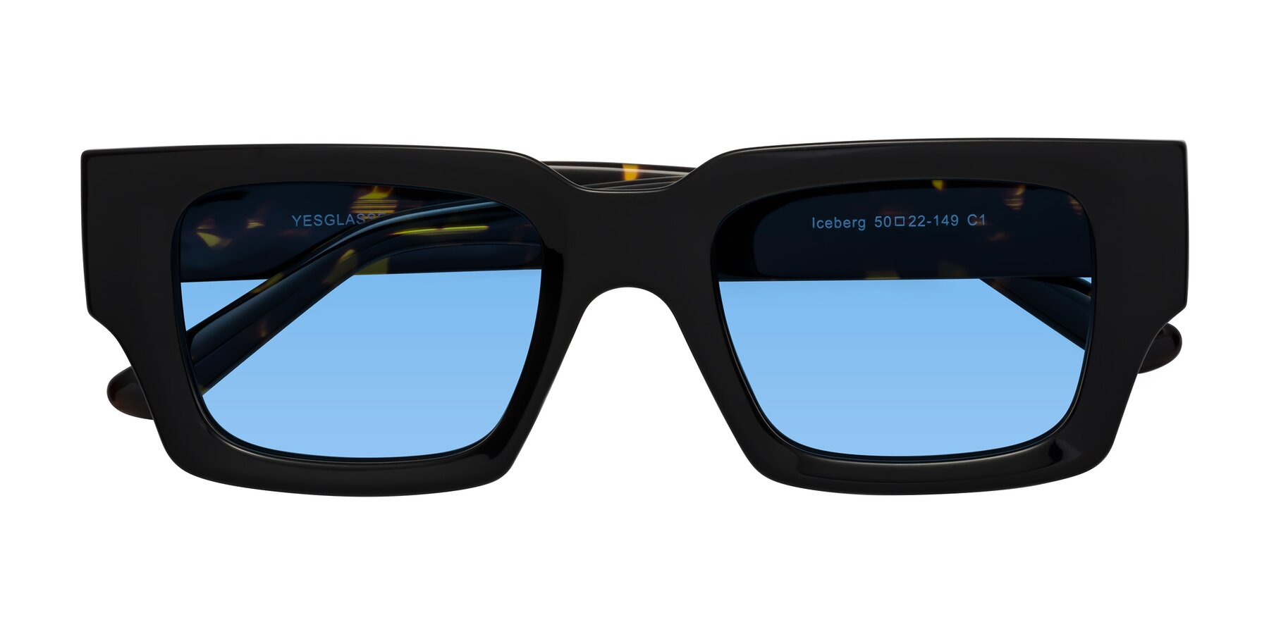 Folded Front of Iceberg in Black-Tortoise with Medium Blue Tinted Lenses