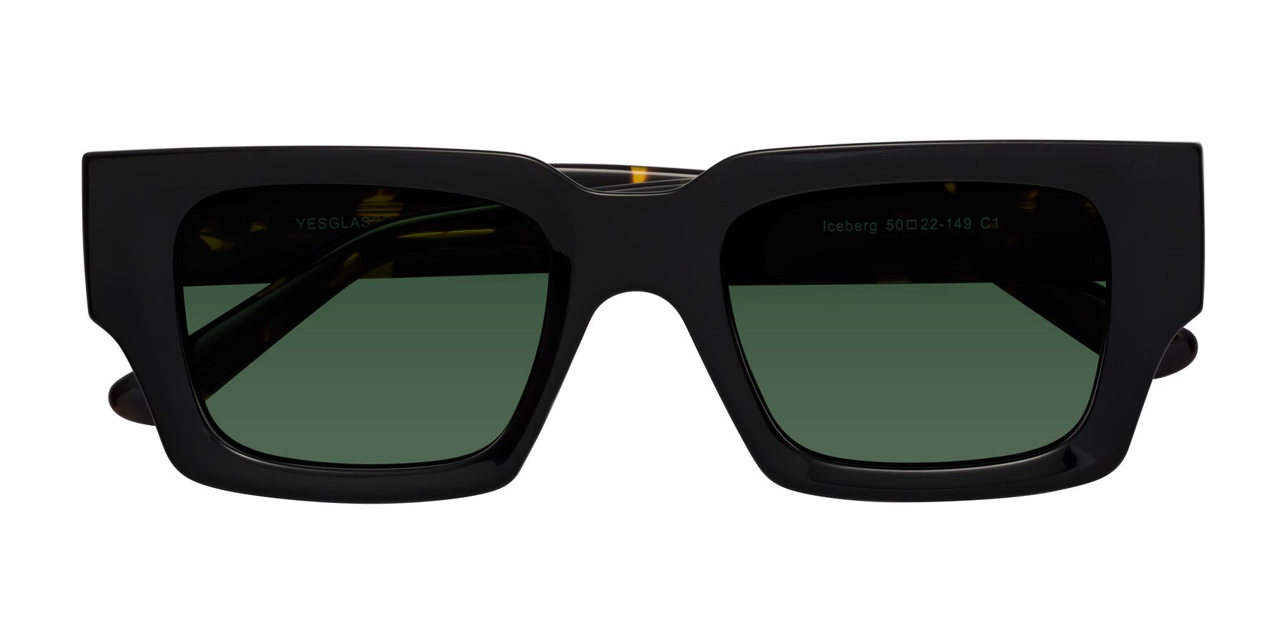 Folded Front of Iceberg in Black-Tortoise with Green Tinted Lenses