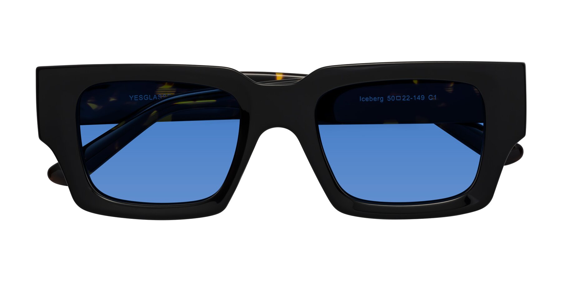 Folded Front of Iceberg in Black-Tortoise with Blue Tinted Lenses