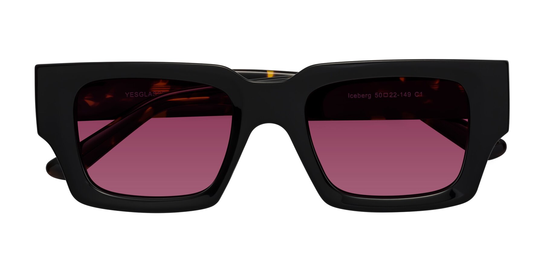 Folded Front of Iceberg in Black-Tortoise with Wine Tinted Lenses