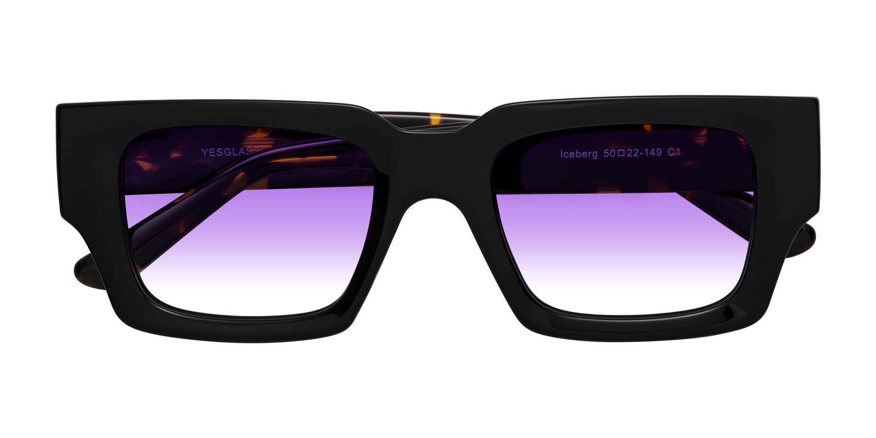 Folded Front of Iceberg in Black-Tortoise with Purple Gradient Lenses