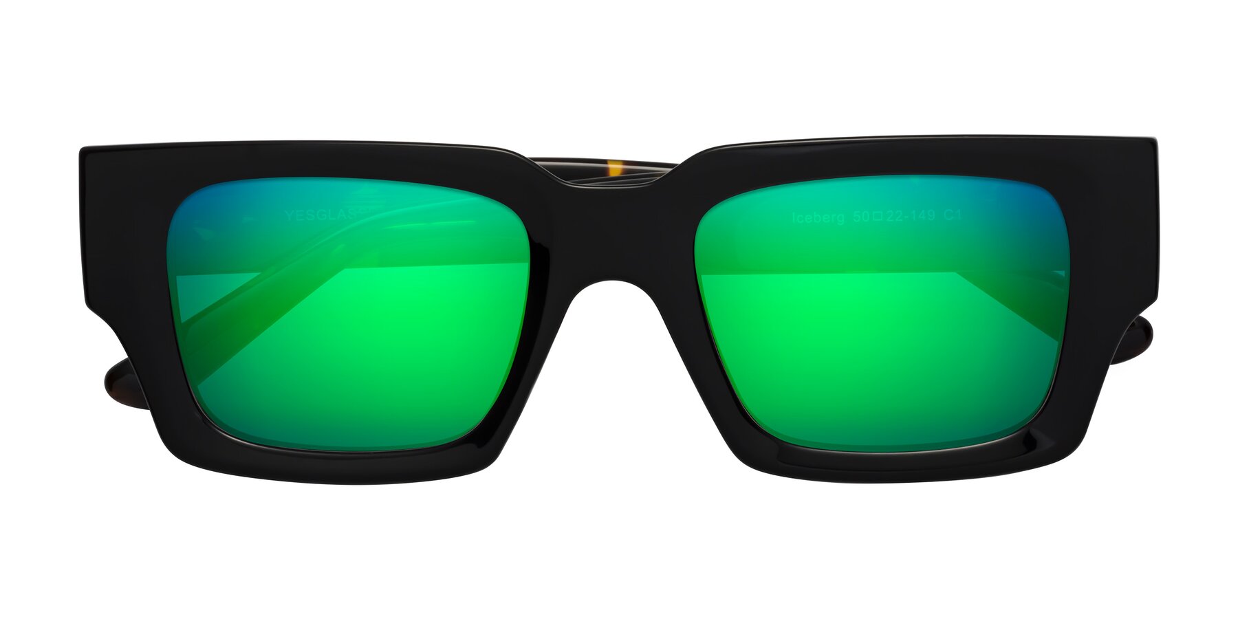 Folded Front of Iceberg in Black-Tortoise with Green Mirrored Lenses