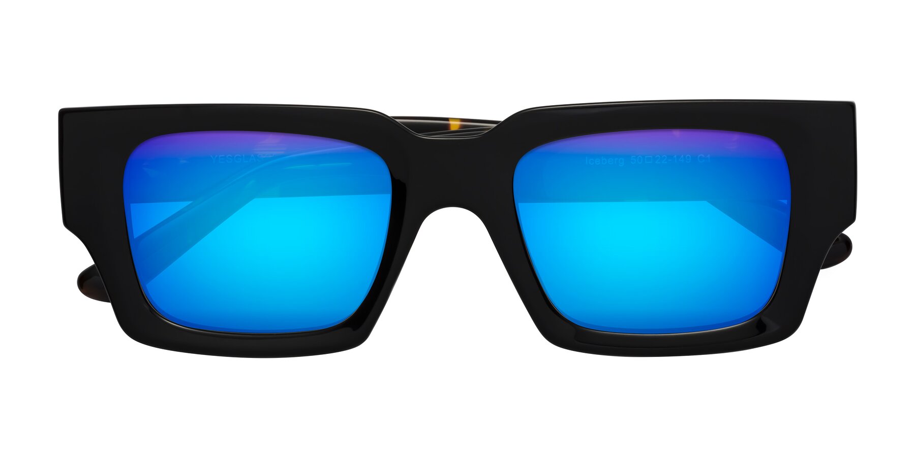 Folded Front of Iceberg in Black-Tortoise with Blue Mirrored Lenses