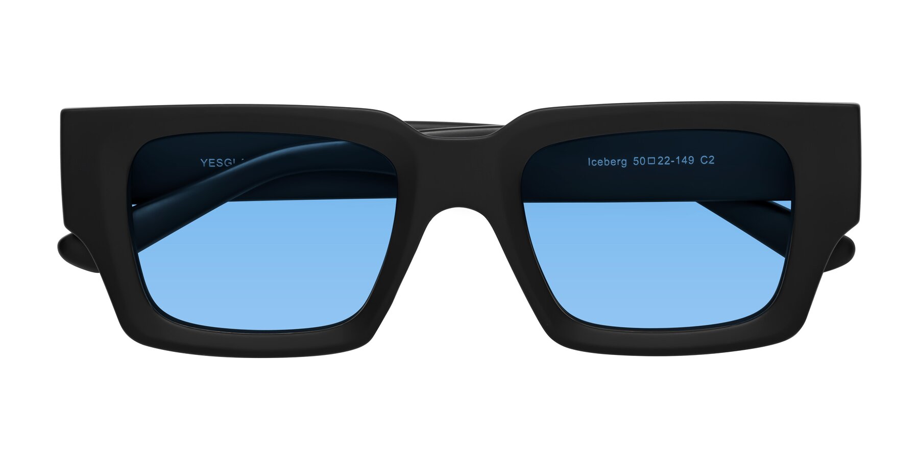 Folded Front of Iceberg in Matte Black with Medium Blue Tinted Lenses