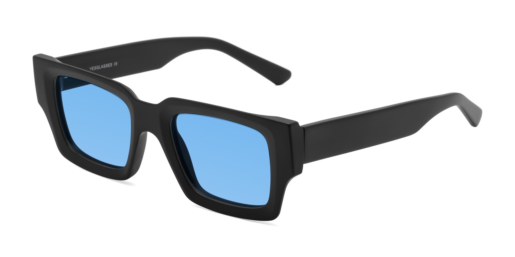 Angle of Iceberg in Matte Black with Medium Blue Tinted Lenses