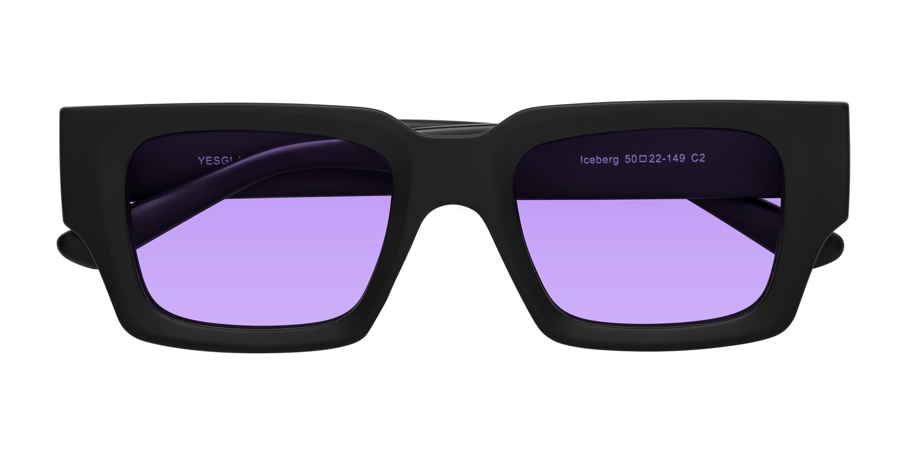 Folded Front of Iceberg in Matte Black with Medium Purple Tinted Lenses