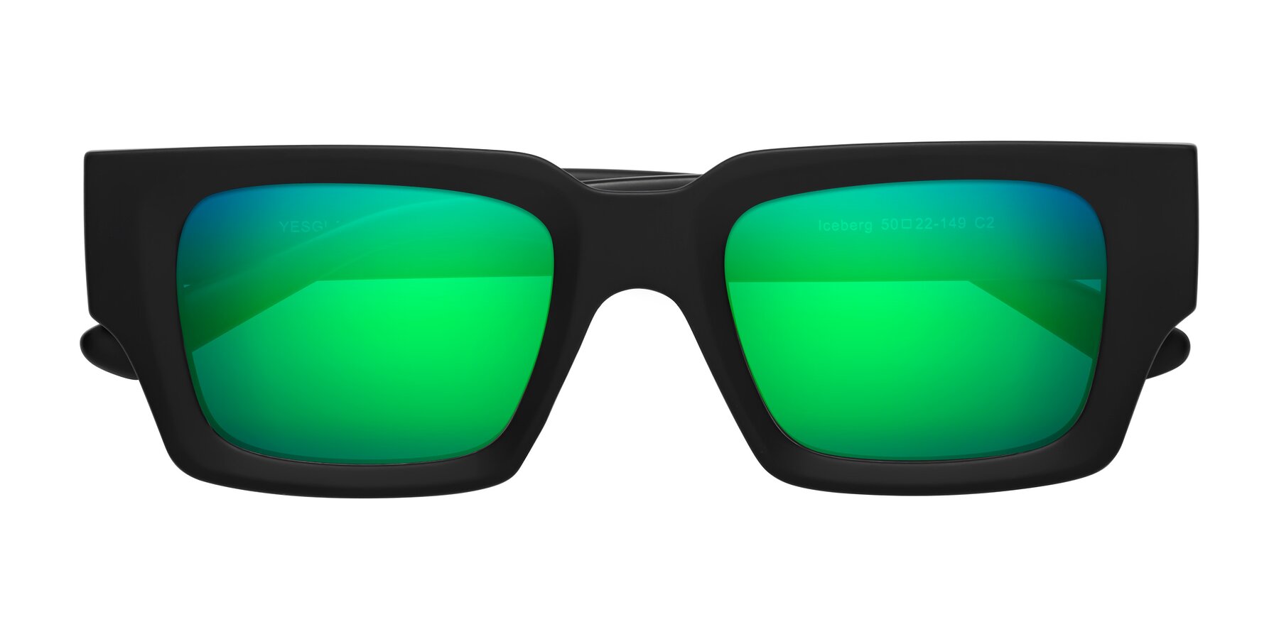 Folded Front of Iceberg in Matte Black with Green Mirrored Lenses