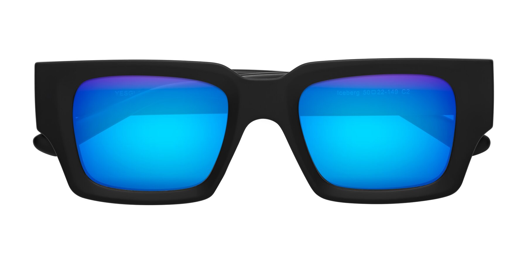 Folded Front of Iceberg in Matte Black with Blue Mirrored Lenses