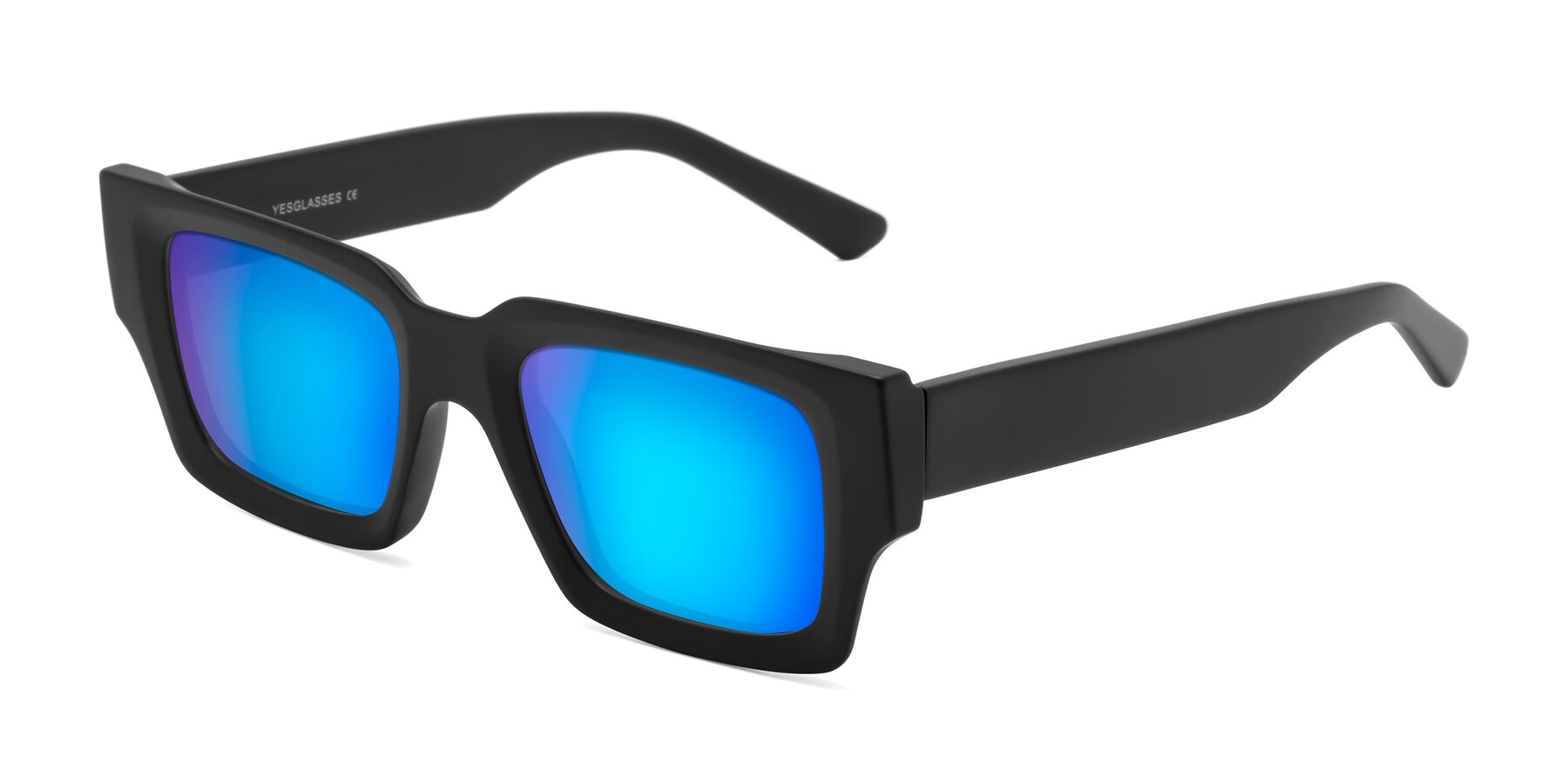 Angle of Iceberg in Matte Black with Blue Mirrored Lenses