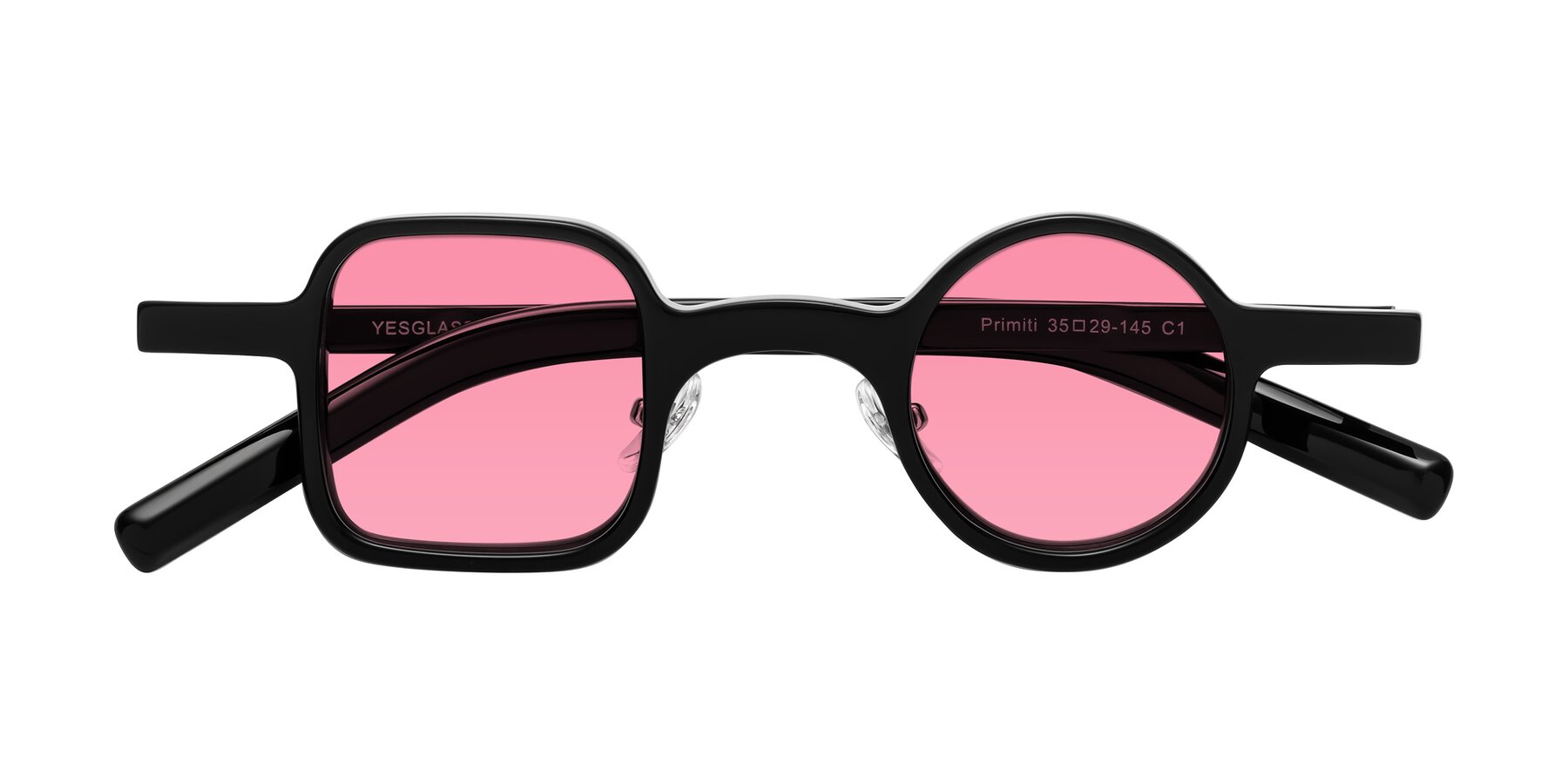 Folded Front of Primiti in Black with Pink Tinted Lenses