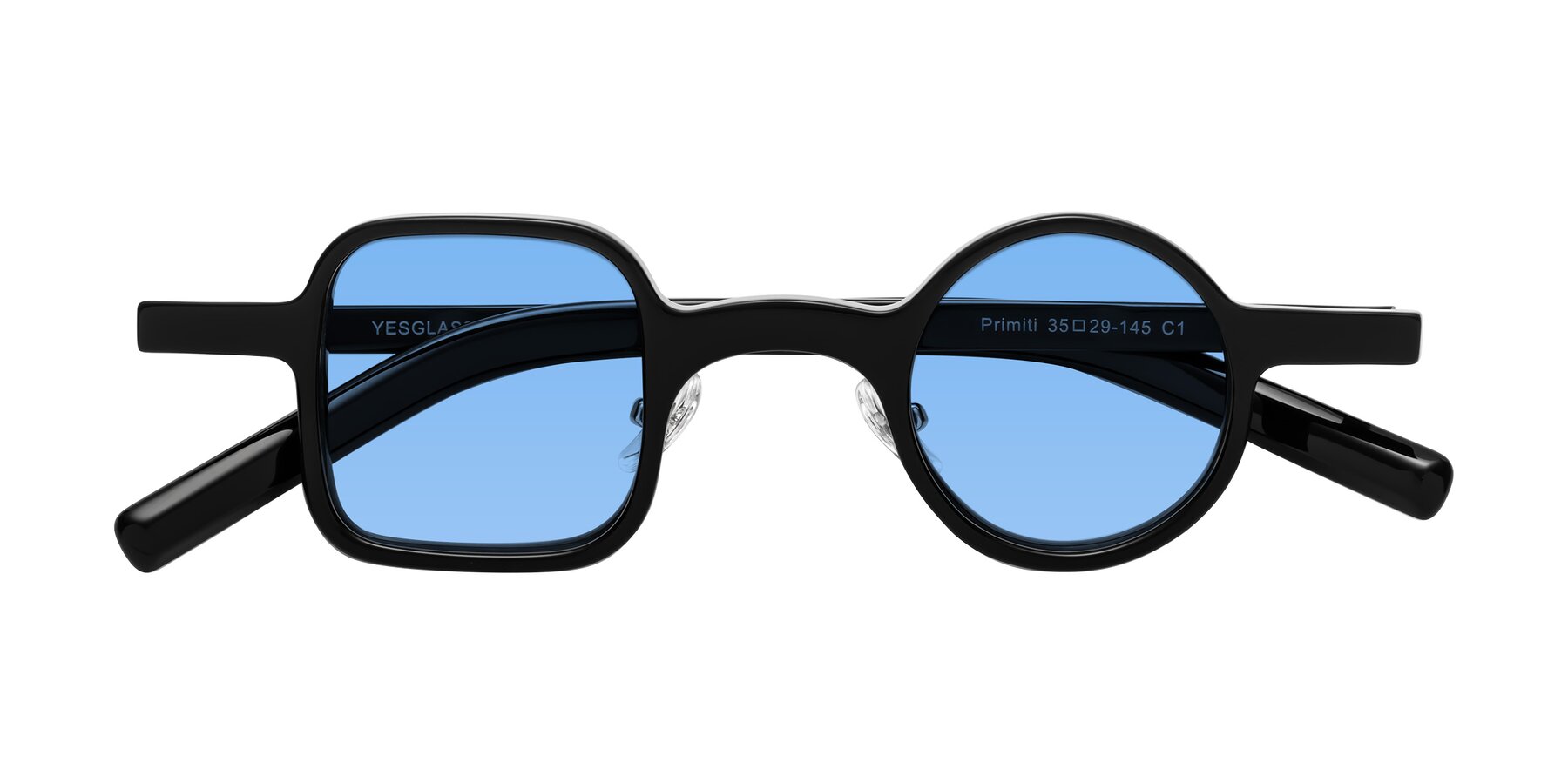 Folded Front of Primiti in Black with Medium Blue Tinted Lenses