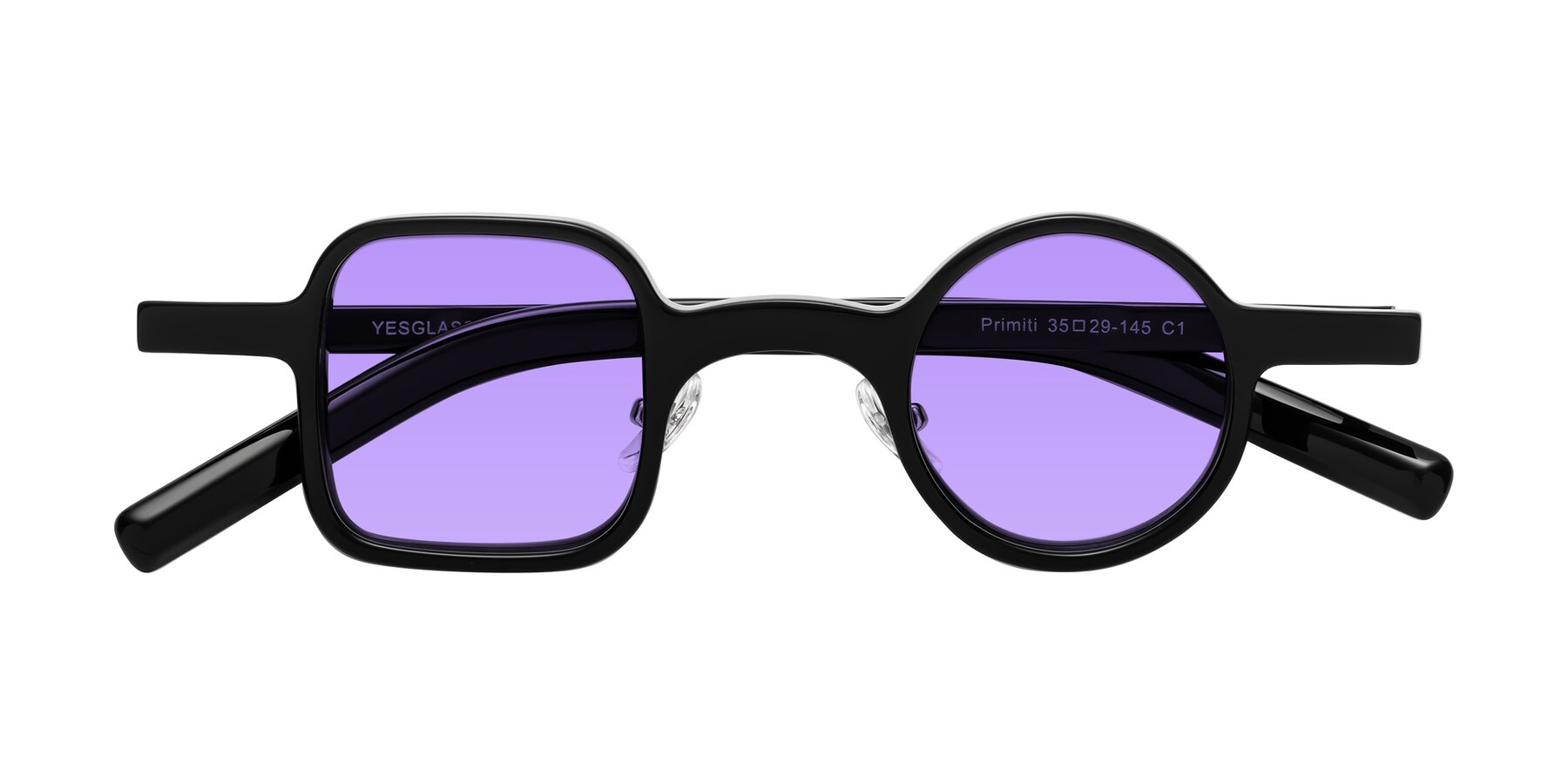 Folded Front of Primiti in Black with Medium Purple Tinted Lenses