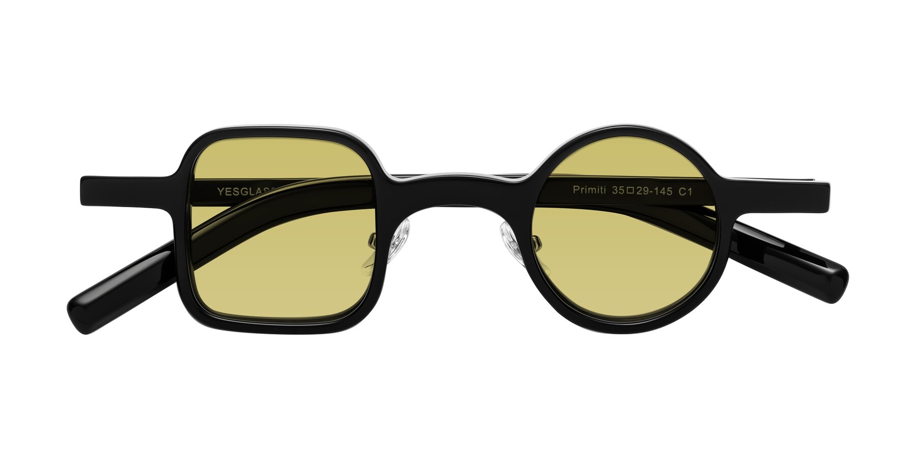 Folded Front of Primiti in Black with Medium Champagne Tinted Lenses