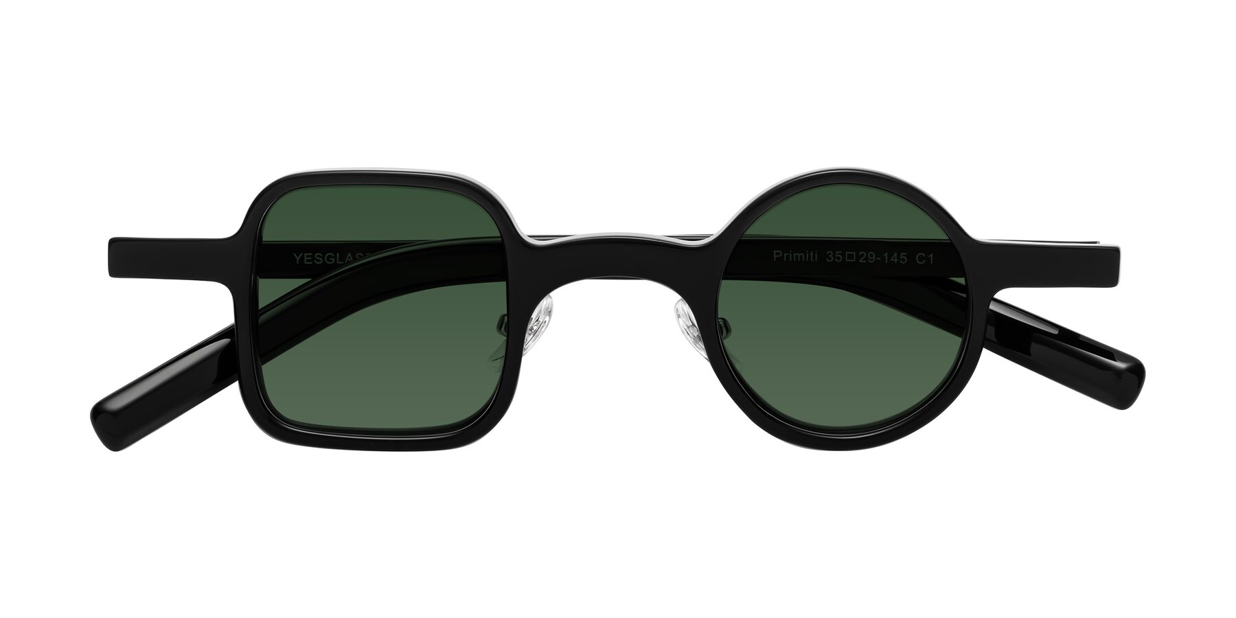 Folded Front of Primiti in Black with Green Tinted Lenses