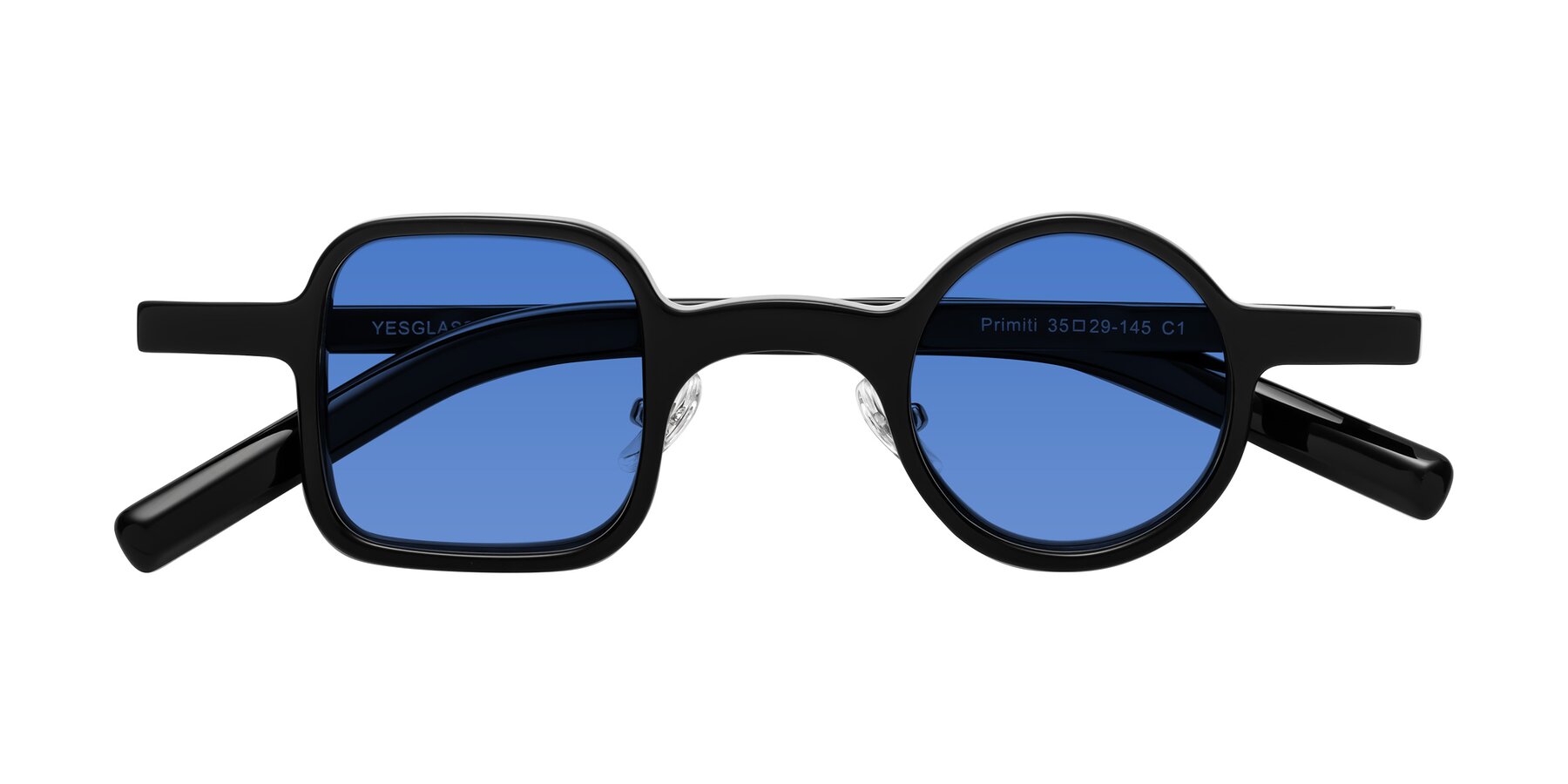 Folded Front of Primiti in Black with Blue Tinted Lenses