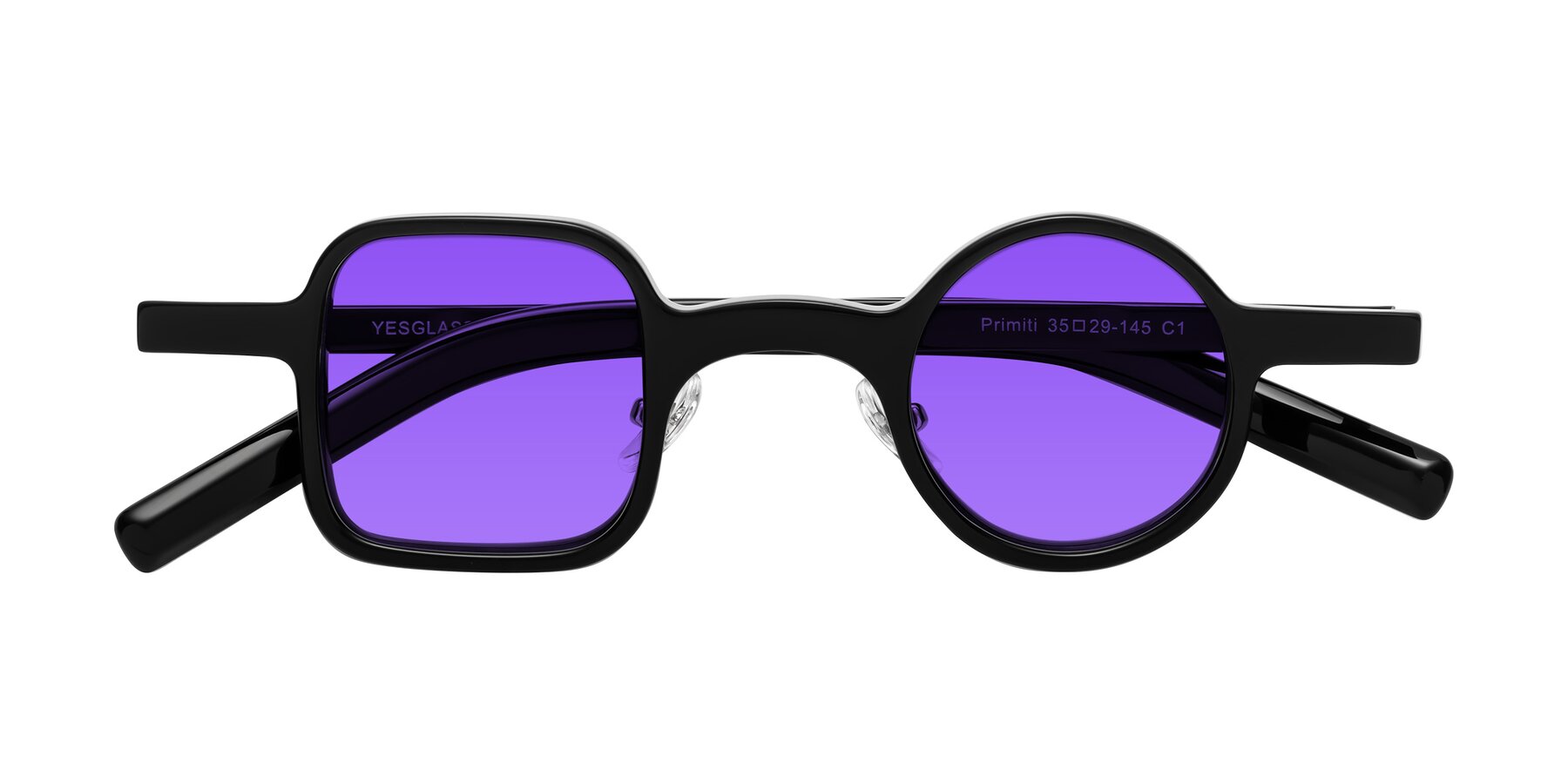 Folded Front of Primiti in Black with Purple Tinted Lenses