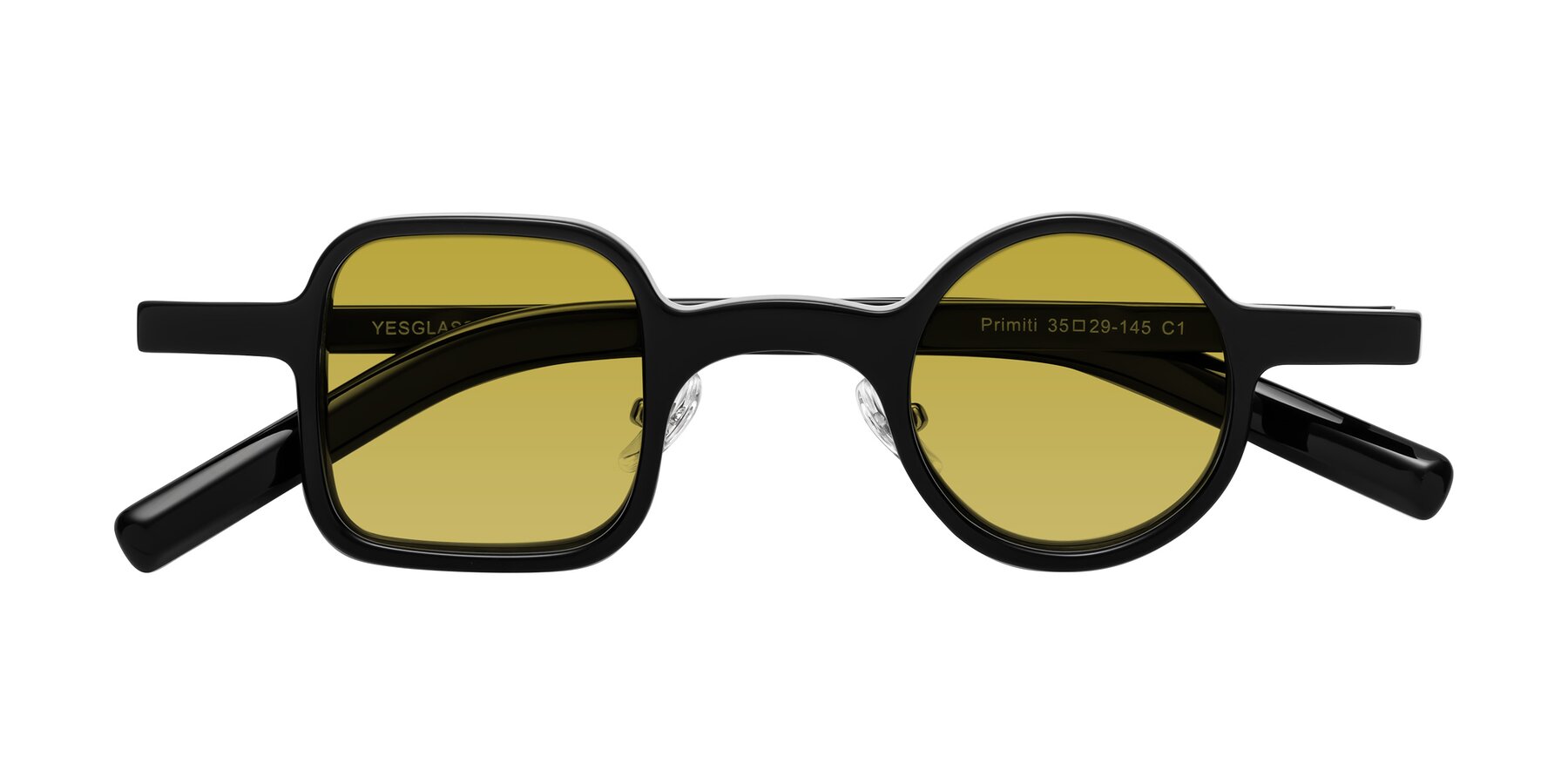 Folded Front of Primiti in Black with Champagne Tinted Lenses