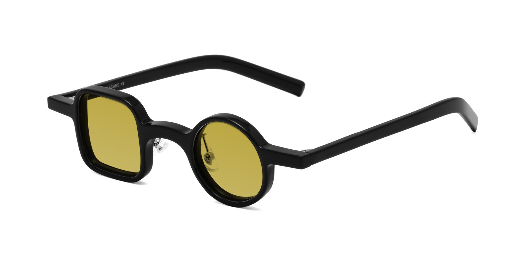 Angle of Primiti in Black with Champagne Tinted Lenses