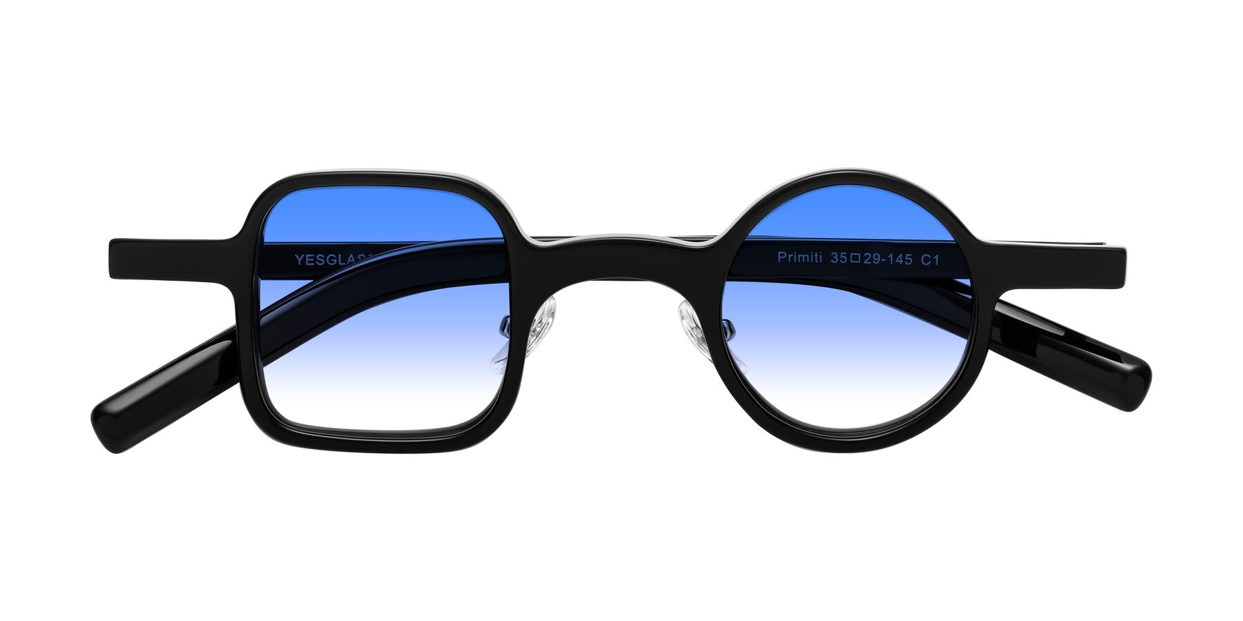 Folded Front of Primiti in Black with Blue Gradient Lenses