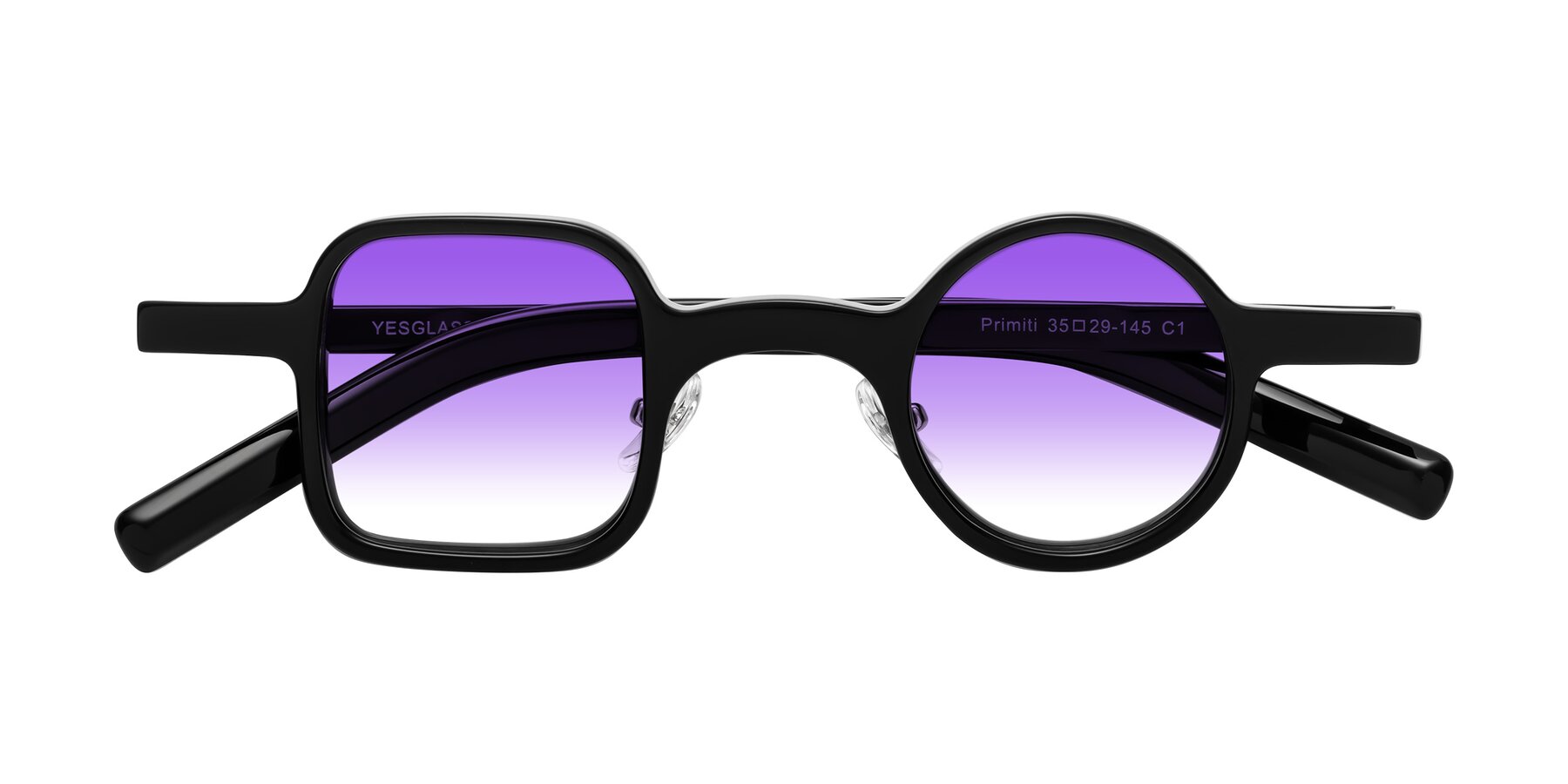 Folded Front of Primiti in Black with Purple Gradient Lenses