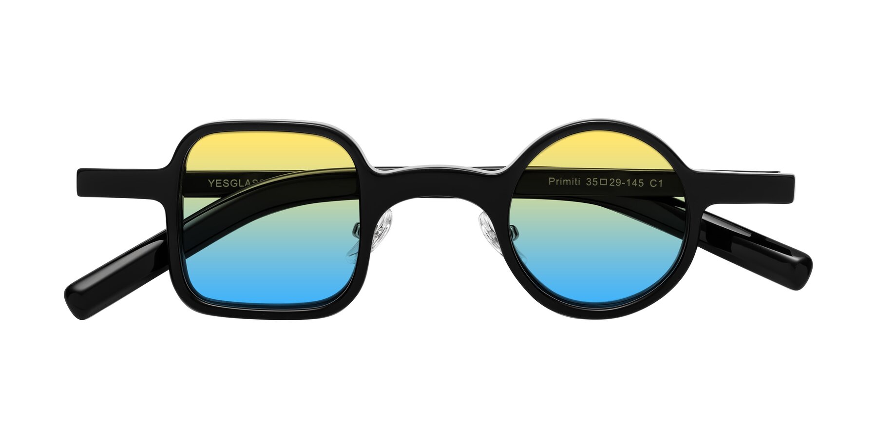 Folded Front of Primiti in Black with Yellow / Blue Gradient Lenses