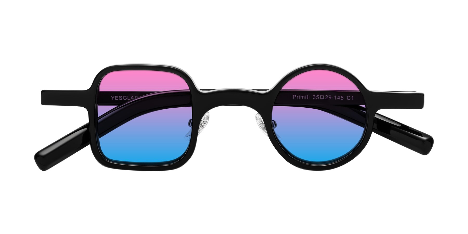 Folded Front of Primiti in Black with Pink / Blue Gradient Lenses