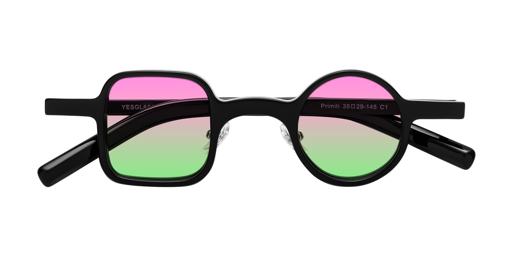 Folded Front of Primiti in Black with Pink / Green Gradient Lenses