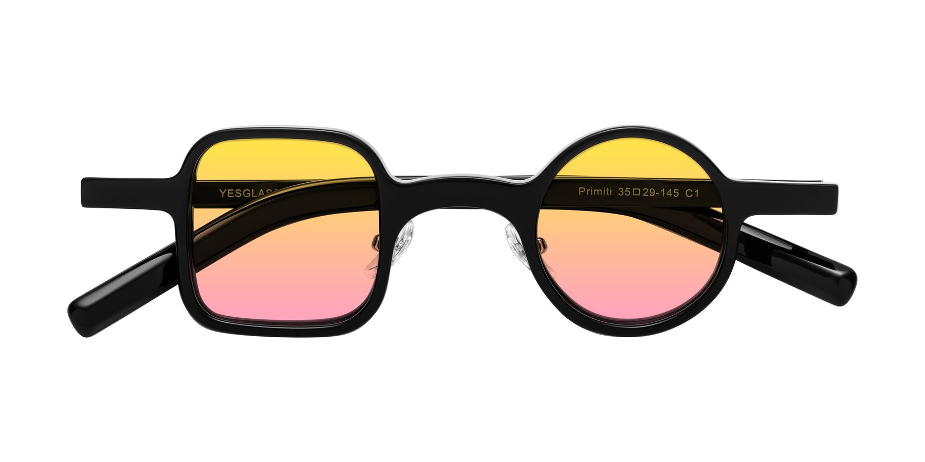 Folded Front of Primiti in Black with Yellow / Pink Gradient Lenses