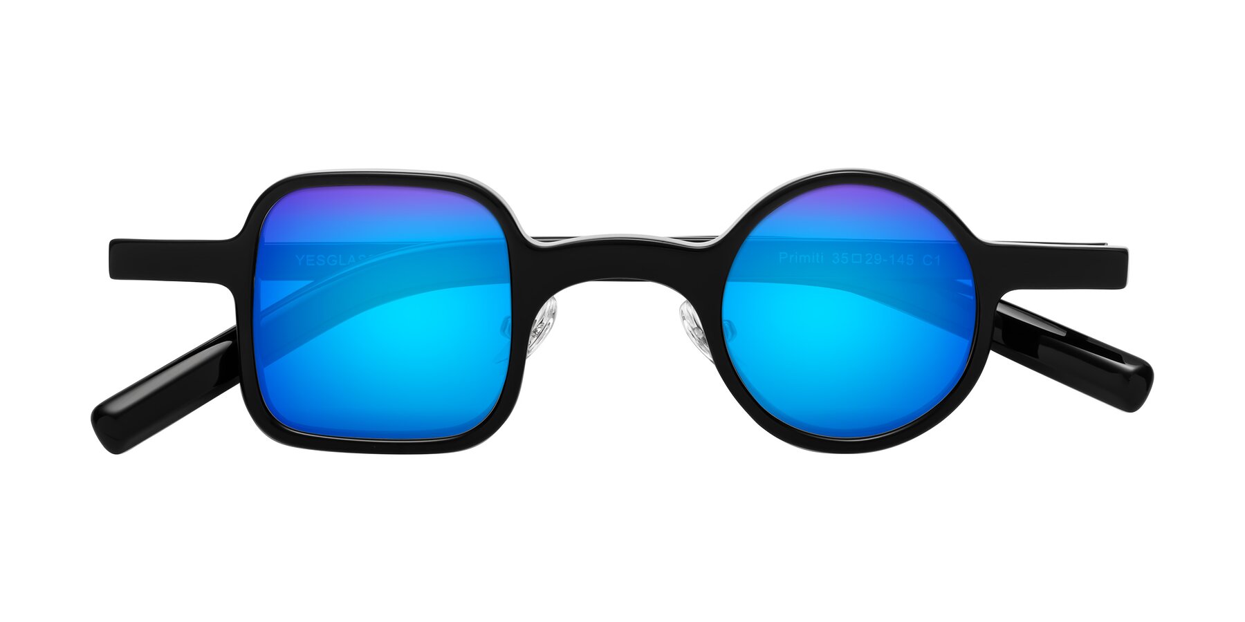 Folded Front of Primiti in Black with Blue Mirrored Lenses